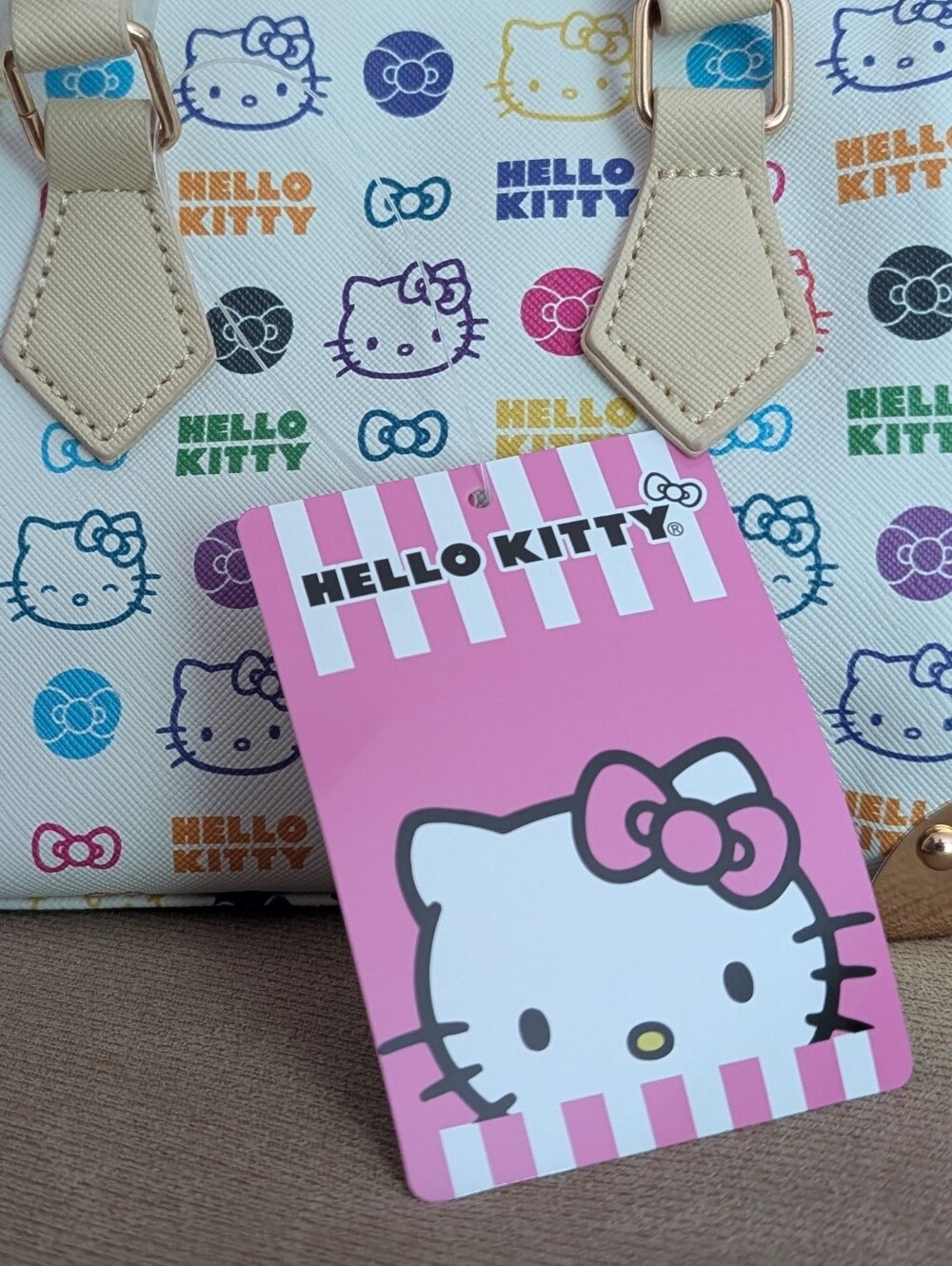 Hello Kitty Multicolor Mini Crossbody Bag w/Metal Feet Beige Trim Sanrio Gift - Picture 8 of 8